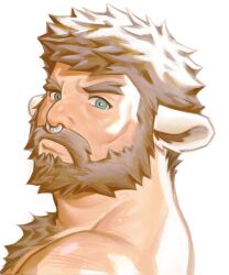 Rule 34 | 1boy, animal ears, bara, beard, body fur, cheekbones, cow boy, cow ears, facial hair, from side, full beard, highres, looking at viewer, male focus, mature male, muscular, muscular male, mustache, nose piercing, nose ring, nude, original, overload (nuhoangxitray), piercing, portrait, short hair, solo, thick beard, thick chest hair, thick eyebrows, thick mustache