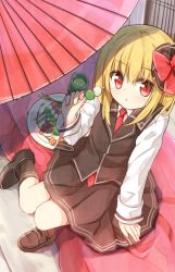 Rule 34 | 1girl, :t, black footwear, black skirt, black socks, black vest, blonde hair, blush, collared shirt, cup, dango, eating, food, from above, hair ribbon, knees together feet apart, loafers, long sleeves, looking at viewer, looking up, necktie, oil-paper umbrella, red eyes, red necktie, red ribbon, ribbon, rumia, shirt, shoes, short hair, skirt, skirt set, socks, solo, tea, touhou, umbrella, vest, wagashi, white shirt, yunomi, yuuhagi (amaretto-no-natsu)