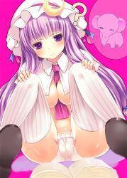 Rule 34 | 1girl, ?, between breasts, blush, book, bottomless, breasts, cameltoe, capelet, clothes between breasts, crescent, elephant, female focus, hair ribbon, hands on own knees, hat, highres, kaneru, long hair, necktie, panties, patchouli knowledge, pink panties, pink thighhighs, purple eyes, purple hair, ribbon, sitting, solo, squatting, striped clothes, striped thighhighs, thighhighs, thought bubble, touhou, underwear, vertical-striped clothes, vertical-striped thighhighs