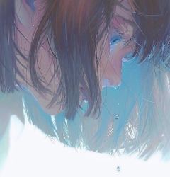Rule 34 | 1girl, blue eyes, bob cut, brown hair, close-up, crying, crying with eyes open, diao (sen zoku), empty eyes, eyelashes, hair over mouth, looking away, looking down, messy hair, original, profile, short hair, simple background, solo, tears, white background