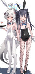 Rule 34 | 2girls, :d, ^ ^, alternate hairstyle, animal ears, bare shoulders, black footwear, black hair, black leotard, blue archive, blue bow, blue bowtie, blue halo, bow, bowtie, closed eyes, closed mouth, covered navel, cup, detached collar, drinking glass, fake animal ears, fake tail, fishnet pantyhose, fishnets, flat chest, gloves, grey hair, halo, highres, holding, holding hands, kokona (blue archive), leotard, long hair, looking at viewer, multiple girls, namaonpa, open mouth, orange eyes, pantyhose, playboy bunny, ponytail, purple halo, rabbit ears, rabbit tail, shoes, shun (blue archive), shun (small) (blue archive), siblings, sisters, smile, tail, very long hair, white footwear, white gloves, white leotard, white pantyhose