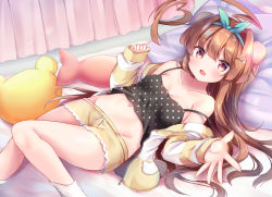 Rule 34 | 1girl, :d, ahoge, alternate costume, bad id, bad pixiv id, bare shoulders, bed, black camisole, blush, breasts, brown hair, camisole, cleavage, curtains, fang, fish-shaped pillow, hair ornament, hairband, hairclip, heart, heart ahoge, huge ahoge, indoors, jacket, kantai collection, kuma (kancolle), long hair, long sleeves, lying, masayo (gin no ame), medium breasts, navel, off shoulder, on back, open mouth, pillow, pink eyes, polka dot, polka dot camisole, short shorts, shorts, skin fang, smile, socks, solo, striped clothes, striped jacket, white socks, yellow jacket, yellow shorts