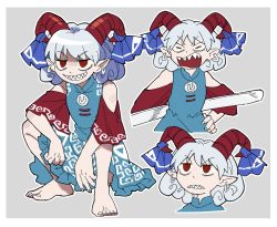 Rule 34 | 1girl, barefoot, blue dress, border, curly hair, detached sleeves, dress, earrings, furukawa (yomawari), grin, highres, horn ornament, horn ribbon, horns, jewelry, meandros, multiple boys, open mouth, oversized object, patterned clothing, pointy ears, red eyes, red horns, red sleeves, ribbon, sharp teeth, sheep horns, smile, squatting, teeth, toenails, toes, touhou, toutetsu yuuma, utensil, white border, white hair