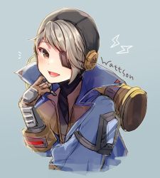 Rule 34 | 1girl, animification, apex legends, black headwear, blue background, blush, brown eyes, brown gloves, character name, cropped torso, deep current wattson, eyepatch, gloves, grey hair, lightning bolt symbol, momoirone, one eye covered, smile, solo, upper body, wattson (apex legends)