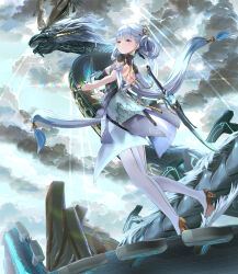Rule 34 | 1girl, absurdres, animal, backless dress, backless outfit, blue sky, boots, breasts, cloud, cloudy sky, commentary request, dragon, dress, grey dress, grey eyes, grey hair, hair rings, high heel boots, high heels, highres, jinhsi (wuthering waves), long hair, medium breasts, mosta (lo1777789), outdoors, sky, solo, sunlight, sword, thigh boots, very long hair, weapon, white footwear, wuthering waves