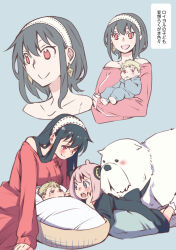 Rule 34 | 1boy, 2girls, anya (spy x family), baby, bare shoulders, black hair, blush, bond (spy x family), breasts, child, commentary request, earrings, family, gold earrings, great pyrenees, hair ornament, hairband, hairpods, highres, if they mated, jewelry, kamimiya, large breasts, long hair, mother and daughter, mother and son, multiple girls, open mouth, original, pink hair, red eyes, red sweater, smile, spy x family, step-siblings, sweater, tearing up, translation request, two-sided fabric, white hairband, yor briar