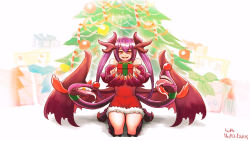 Rule 34 | 1girl, animal hands, antlers, christmas present, christmas tree, claws, commentary, commission, dated, dragon horns, dragon wings, dress, english commentary, extra mouth, fake antlers, fingernails, full body, fur trim, gift, gold teeth, hair between eyes, highres, horns, jabberwock (monster girl encyclopedia), long hair, looking at viewer, lutherniel, monster girl, monster girl encyclopedia, purple hair, red dress, red eyes, reindeer antlers, round teeth, sharp fingernails, short dress, signature, sitting, smile, solo, spread wings, teeth, tentacles, twintails, upper teeth only, wariza, wings