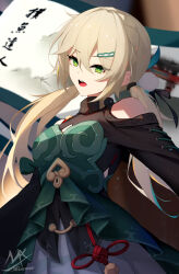 Rule 34 | 1girl, :d, absurdres, artist name, bare shoulders, black shirt, blonde hair, braid, breasts, clothing cutout, dress, green dress, green eyes, hair between eyes, hair ornament, hairclip, highres, honkai: star rail, honkai (series), long hair, looking at viewer, low twintails, medium breasts, open mouth, qingque (honkai: star rail), revision, shimmer, shirt, shoulder cutout, signature, smile, solo, translation request, turtleneck, twintails, very long hair