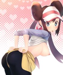Rule 34 | 1girl, absurdres, alternate breast size, aqua eyes, black pantyhose, blush, breasts, bright pupils, brown hair, clothes lift, commentary request, creatures (company), double bun, from side, game freak, hair bun, hat, heart, highres, large breasts, leaning forward, lifted by self, long hair, looking at viewer, nintendo, nipples, no bra, pantyhose, pokemon, pokemon bw2, rosa (pokemon), shirt, shirt lift, shorts, shorts lift, solo, tongue, tongue out, twintails, visor cap, white hat, white pupils, xin lan deng, yellow shorts