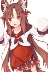 Rule 34 | 1girl, :d, ahoge, animal ears, blush, bow, brooch, brown hair, collarbone, commentary request, covered navel, daidai ookami, dress, dutch angle, fang, frilled sleeves, frills, hair between eyes, hair bow, highres, imaizumi kagerou, jacket, jewelry, long hair, long sleeves, looking at viewer, open mouth, red bow, red dress, red eyes, simple background, sleeveless, sleeveless dress, sleeves past fingers, sleeves past wrists, smile, solo, tail, touhou, two side up, v-shaped eyebrows, very long hair, white background, white jacket, wolf ears, wolf girl, wolf tail