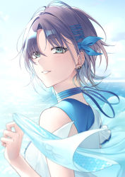 Rule 34 | 1girl, ahoge, asakura toru, blue eyes, blue hair, blue ribbon, blue sky, blurry, blush, breasts, cloud, cloudy sky, commentary, day, depth of field, ear piercing, earrings, eyelashes, from side, gradient hair, hair ribbon, highres, idolmaster, idolmaster shiny colors, jewelry, light purple hair, looking at viewer, medium breasts, multicolored hair, neck ribbon, ocean, outdoors, parted bangs, parted lips, piercing, ribbon, shawl, shirt, short hair, sky, sleeveless, smile, solo, sunlight, toujou masateru, two-tone hair, upper body, white shirt, wind