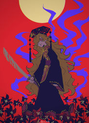 Rule 34 | 1girl, belt, black dress, black flower, black hat, blood, bloody weapon, bow, bowtie, breasts, brown hair, chinese clothes, closed mouth, crescent, dress, energy, flower, hair between eyes, hair over one eye, hat, junko (touhou), katana, lily (flower), long dress, long hair, long sleeves, looking at viewer, medium breasts, phoenix crown, pom pom (clothes), purple belt, raya (uk 0128), red background, red eyes, simple background, solo, standing, sword, tabard, touhou, twitter username, weapon, wide sleeves, yellow bow, yellow bowtie