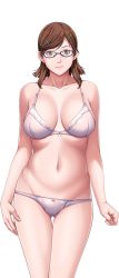 Rule 34 | 1girl, bare shoulders, bra, breasts, brown eyes, brown hair, earrings, game cg, glasses, hair ornament, hairclip, happy, jewelry, large breasts, legs, looking at viewer, mihara aika, navel, p/a: potential ability, panties, sei shoujo, short hair, simple background, smile, solo, standing, thighs, underwear, white background