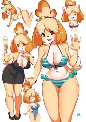Rule 34 | 1girl, all fours, alternate costume, animal crossing, animal ears, arm up, arms up, bare shoulders, barefoot, bell, bikini, black dress, black footwear, blonde hair, blue bikini, blush, bow, bow bikini, bra, breasts, brown eyes, cleavage, closed eyes, collarbone, covered navel, cropped legs, cropped torso, cup, dog ears, dog girl, dog tail, dress, drink, drinking glass, feet up, female focus, from side, front-tie bikini top, front-tie top, full body, furry, furry female, green bikini, groin, hair bell, hair ornament, hair tie, hand on own chest, hand up, hands up, happy, holding, isabelle (animal crossing), jingle bell, jpeg artifacts, kenron toqueen, large breasts, legs together, light blush, looking at viewer, multiple views, navel, nintendo, one-piece swimsuit, one eye closed, open mouth, red bra, shiny clothes, shiny skin, shoes, short hair, simple background, skindentation, sleeveless, sleeveless dress, smile, spaghetti strap, standing, strap slip, striped bikini, striped clothes, swimsuit, tail, teeth, tongue, tongue out, topknot, underwear, underwear only, upper body, v, watermark, waving, white background, wine glass, wink