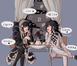 Rule 34 | black hair, celestia ludenberg, chair, checkered clothes, checkered scarf, chinese text, claw ring, cup, curtains, danganronpa: trigger happy havoc, danganronpa (series), danganronpa v3: killing harmony, drill hair, english text, flower, gothic lolita, korean text, lolita fashion, long hair, necktie, oma kokichi, overine19, pantyhose, red footwear, red neckwear, rose, scarf, short hair, straitjacket, table, teacup, teapot, twin drills