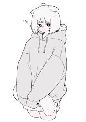 Rule 34 | ahoge, animal ears, averting eyes, blush, bob cut, bright pupils, cat, cat ears, cat girl, cat tail, closed mouth, cropped legs, dot mouth, grey hoodie, highres, holding own tail, hood, hoodie, jitome, megateru, nose blush, original, sleeves past fingers, sleeves past wrists, solo, spoken squiggle, squiggle, tail, v arms, white background, white cat, white pupils, white theme