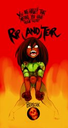 Rule 34 | 1girl, aniece (nitrotitan), antenna hair, armor, bad id, bad tumblr id, barefoot, blood, blood on face, blood on hands, brown hair, claws, constricted pupils, demon girl, doom (2016), doom (comic), doom (series), doomguy, english text, fangs, gameplay mechanics, highres, meme, modeseven, navel, open mouth, original, parody, power-up, red background, red eyes, solo