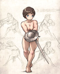 Rule 34 | 1girl, blue eyes, breasts, buckler, cleavage, closed mouth, full body, highres, holding, holding weapon, instruction manual, ironlily, looking at viewer, medium breasts, muscular, muscular female, nude, original, shield, short hair, smile, sword, weapon