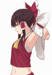 Rule 34 | 1girl, armpits, arms up, ascot, black hair, bow, breasts, commentary request, crop top, detached sleeves, frilled bow, frills, from side, hair bow, hair ornament, hair tubes, hakurei reimu, leon (mikiri hassha), long sleeves, medium breasts, midriff, navel, parted lips, profile, red bow, red eyes, red skirt, sarashi, sidelocks, simple background, skirt, skirt set, solo, stomach, touhou, upper body, white background, wide sleeves, yellow ascot