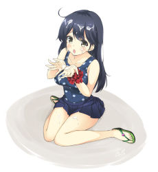 Rule 34 | 10s, 1girl, aito (indigorabbit), black hair, blush, breasts, kantai collection, knees together feet apart, large breasts, long hair, sandals, simple background, sitting, solo, suggestive fluid, swimsuit, thighs, ushio (kancolle), wariza