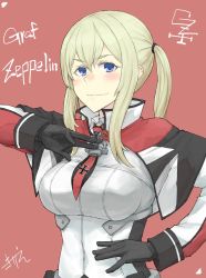 Rule 34 | 1girl, artist logo, black gloves, blonde hair, blue eyes, breasts, capelet, character name, cross, gloves, graf zeppelin (kancolle), hair between eyes, highres, iron cross, jacket, kantai collection, large breasts, looking at viewer, military, military uniform, necktie, red background, sidelocks, smile, solo, suzuya kirie, twintails, uniform, upper body