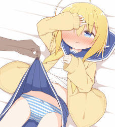 Rule 34 | 1girl, ahoge, arm up, ayanepuna, bed sheet, blonde hair, blue eyes, blue sailor collar, blue skirt, blush, bow, bow panties, brown cardigan, cardigan, closed mouth, clothes lift, commentary request, gluteal fold, hair between eyes, lifting another&#039;s clothes, long sleeves, lying, neckerchief, nose blush, on back, open cardigan, open clothes, original, out of frame, panties, pleated skirt, sailor collar, school uniform, serafuku, shirt, skirt, skirt lift, sleeves past wrists, solo focus, striped clothes, striped panties, underwear, undone neckerchief, wavy mouth, white shirt, x-ray, yellow neckwear, yuki (ayanepuna)