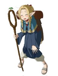 Rule 34 | 1girl, backpack, bag, blonde hair, braid, capelet, choker, closed eyes, dungeon meshi, elf, forehead, highres, hikentai0112, holding, holding staff, long hair, marcille donato, open mouth, pointy ears, robe, sandals, solo, staff, sweatdrop, twin braids