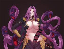 Rule 34 | 1girl, bar censor, breasts, censored, fate/grand order, fate (series), futanari, gorgon (fate), hand on own hip, highres, huge breasts, lamia, long hair, medusa (fate), medusa (rider) (fate), monster girl, penis, red eyes, rider, scales, snake hair, solo, todding