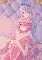 2girls animal_ears barefoot blue_bow blue_pajamas blush bow breasts cat_ears cat_tail commentary english_commentary eye_mask frilled_pillow frills grey_hair hair_bow highres intertwined_tails long_hair looking_at_another lows. lying lying_on_lap multiple_girls on_back on_bed original pajamas parted_lips pillow pink_eyes pink_hair pink_pajamas roa_(lows.) ruka_(lows.) sitting small_breasts tail wariza yellow_eyes yuri