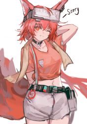 Rule 34 | 1girl, animal ears, arknights, belt, black belt, black collar, collar, cowboy shot, cropped shirt, english text, flametail (arknights), flametail (sport for all) (arknights), grey shorts, head-mounted display, highres, long hair, looking at viewer, midriff, navel, official alternate costume, one eye closed, orange eyes, orange shirt, red hair, shijiubashuazi, shirt, short sleeves, shorts, simple background, smile, solo, squirrel ears, squirrel girl, squirrel tail, tail, white background
