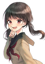 Rule 34 | 1girl, :d, black hair, black sailor collar, blush, brown cardigan, cardigan, commentary request, fang, index finger raised, long hair, long sleeves, looking at viewer, low twintails, midorikawa you, neckerchief, open mouth, original, red eyes, red neckerchief, sailor collar, school uniform, serafuku, simple background, sleeves past wrists, smile, solo, twintails, upper body, white background