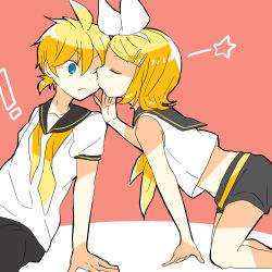 Rule 34 | !, 1boy, 1girl, 7:24, ahoge, all fours, barefoot, blonde hair, blue eyes, bow, brother and sister, closed eyes, hair bow, hair ornament, hairclip, kagamine len, kagamine rin, kiss, kissing cheek, leaning forward, necktie, one eye closed, sailor collar, short hair, short ponytail, shorts, siblings, sitting, sketch, star (symbol), surprise kiss, surprised, twins, undone necktie, vocaloid, yellow neckwear