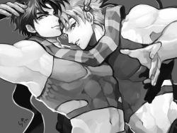 Rule 34 | 2boys, abs, armpits, bad id, bad pixiv id, bare shoulders, caesar anthonio zeppeli, crop top, facial mark, feather hair ornament, feathers, greyscale, hair ornament, headband, jacket, jojo no kimyou na bouken, joseph joestar, joseph joestar (young), male focus, manly, midriff, monochrome, multiple boys, muscular, scarf, signature, sin11111, striped clothes, striped scarf