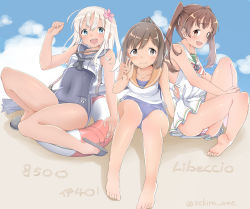Rule 34 | 10s, 3girls, :d, barefoot, blue eyes, brown eyes, brown hair, character name, dress, flower, girl sandwich, hair flower, hair ornament, highres, i-401 (kancolle), kantai collection, libeccio (kancolle), long hair, multiple girls, open mouth, panties, ponytail, ro-500 (kancolle), sailor dress, sandwiched, sekira ame, smile, striped clothes, striped panties, swimsuit, twintails, twitter username, underwear