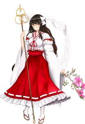 Rule 34 | absurdres, branch, brown hair, commentary request, expressionless, flower, frilled skirt, frills, full body, girl who trained on mt. haku (touhou), glasses, hair ribbon, highres, hip vent, holding, holding branch, holding staff, long hair, long skirt, long sleeves, looking at viewer, nontraditional miko, pink flower, red eyes, red skirt, ribbon, round eyewear, shide, shirt, sidelocks, skirt, staff, tabi, tachi-e, tk31, touhou, transparent background, very long hair, white legwear, white ribbon, white shirt, wide sleeves
