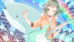 Rule 34 | 1girl, ;), blush, bubble, building, commentary request, electric guitar, fender stratocaster, green eyes, green hair, guitar, gumi, highres, hood, hood down, hooded jacket, instrument, jacket, mizuki cream, nail polish, one eye closed, orange jacket, plectrum, rainbow, short hair, skyscraper, smile, solo, upper body, v-shaped eyebrows, vocaloid, whale, yellow nails
