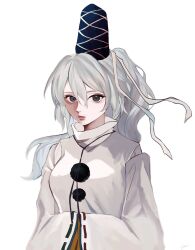 Rule 34 | 1girl, black ribbon, blue hat, breasts, closed mouth, commentary, expressionless, grey eyes, grey hair, hands in opposite sleeves, hat, highres, hookiirn, japanese clothes, kariginu, lips, long bangs, long hair, long sleeves, looking at viewer, medium breasts, mononobe no futo, neck ribbon, pom pom (clothes), ponytail, ribbon, ribbon-trimmed sleeves, ribbon trim, simple background, sleeves past fingers, sleeves past wrists, solo, tate eboshi, touhou, upper body, white background, wide sleeves