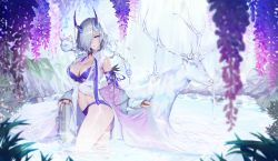 Rule 34 | 1girl, alchemy stars, alternate costume, animal, animal on shoulder, bikini, bikini under clothes, breasts, briefcase, cat, cleavage, commentary, deer, dl (dl 6ix), english commentary, flower, groin, hair over one eye, highres, horn ornament, horns, jacket, jane (alchemy stars), jewelry, long sleeves, medium breasts, multiple rings, navel, off shoulder, open clothes, open shirt, parted lips, petals, plant, purple bikini, ring, rock, shirt, short hair, sleeveless, sleeveless shirt, solo, swimsuit, wading, wet, wet clothes, wet shirt, white hair, white jacket, wisteria