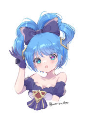 Rule 34 | 1girl, :o, alternate hairstyle, artist name, bare shoulders, black bow, blush, borrowed hairstyle, bow, cinnamiku hairstyle, commentary, cropped torso, detached sleeves, dress, glove bow, gloves, green eyes, green hair, grey dress, gwen (league of legends), hair bow, hair ornament, hand up, highres, league of legends, long hair, momikodayo, off shoulder, puffy short sleeves, puffy sleeves, short sleeves, simple background, twintails, white background