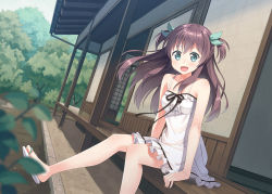 Rule 34 | 1girl, :d, aqua eyes, bare arms, bare legs, bare shoulders, bow, brown hair, collarbone, dress, dutch angle, green bow, hair bow, hair ribbon, hyuuga azuri, legs, long hair, open mouth, original, outdoors, porch, purple hair, ribbon, sandals, short twintails, sitting, sleeveless, sleeveless dress, smile, solo, sundress, tree, twintails, two side up, white dress