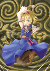 Rule 34 | 1girl, adapted costume, alice margatroid, alternate footwear, ankle boots, aqua eyes, arm above head, armband, blonde hair, boots, brown background, brown pantyhose, fingernails, frown, gloves, hairband, half gloves, kuwahahachi, lolita hairband, long sleeves, looking at viewer, nail polish, pantyhose, patterned background, puppet strings, ribbon, sash, short hair, skirt, solo, touhou, vest