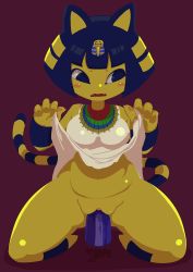 Rule 34 | 1girl, animal crossing, animal ears, animal hands, ankha (animal crossing), averting eyes, backlighting, bare shoulders, barefoot, blue eyes, blue hair, blunt bangs, blush stickers, bob cut, body fur, breasts, cat ears, cat girl, cat tail, claws, clothes lift, dildo, dildo riding, dress, dress lift, egyptian, embarrassed, fangs, female focus, female masturbation, full body, furry, furry female, hair ornament, hands up, highres, jewelry, kneeling, lifting own clothes, looking to the side, masturbation, matching hair/eyes, medium breasts, necklace, nintendo, no panties, object insertion, open mouth, pawpads, plump, purple background, pussy, pussy juice, rakuda itou, sex toy, shiny skin, short hair, sidelocks, simple background, sleeveless, sleeveless dress, snake hair ornament, solo, spread legs, straight-on, tail, thick thighs, thighs, uncensored, vaginal, vaginal object insertion, white dress, wide hips, yellow fur