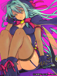 Rule 34 | 1girl, blue hair, boots, breasts, cleavage, eroe, fishnet thighhighs, fishnets, garter straps, gloves, green eyes, hat, junketsu duelion, large breasts, long hair, original, sitting, solo, thighhighs, veil