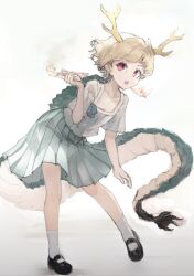 Rule 34 | 1girl, antlers, blonde hair, blue shirt, dragon girl, dragon horns, dragon tail, horns, ikamagu, kicchou yachie, looking at viewer, open mouth, red eyes, shirt, short hair, smoking pipe, square neckline, tail, touhou, turtle shell, yellow horns