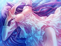 Rule 34 | 1girl, airi (quilt), beach, blush, breasts, carnelian, game cg, huge breasts, large breasts, long hair, nipples, pink hair, quilt, quilt (game), ribbon, solo, twintails, two side up, wet