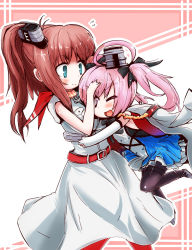 Rule 34 | 2girls, ;d, ahoge, azur lane, belt, belt buckle, black bow, black legwear, blue dress, blue eyes, blush, bow, brown hair, buckle, chibi, closed mouth, commentary request, crossover, dress, elbow gloves, flying sweatdrops, gloves, grey footwear, hair bow, high ponytail, historical name connection, jacket, jacket on shoulders, kantai collection, multiple girls, name connection, one eye closed, open mouth, pantyhose, partially fingerless gloves, pink hair, pleated dress, ponytail, purple eyes, red belt, red legwear, saratoga (azur lane), saratoga (kancolle), shoes, short sleeves, sleeveless, sleeveless dress, smile, smokestack, thighband pantyhose, twintails, white dress, white gloves, white jacket, yagami kamiya