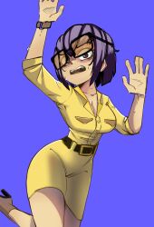 Rule 34 | 1girl, absurdres, belt, breasts, cleavage, collared dress, dinocore, dress, glasses, high heels, highres, kaya (dinocore), large breasts, looking at viewer, purple eyes, purple hair, short hair, simple background, solo, struggling4rt, sweat, tripping, watch, yellow dress