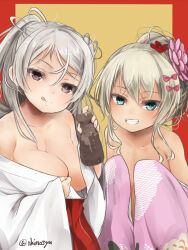 Rule 34 | 2girls, :d, akino shuu, alcohol, blonde hair, blush, breasts, brown eyes, cleavage, conte di cavour (kancolle), flat chest, grecale (kancolle), green eyes, grey hair, hair between eyes, hakama, japanese clothes, kantai collection, kimono, large breasts, long hair, long sleeves, looking at viewer, miko, multiple girls, official alternate costume, open mouth, pink kimono, red hakama, sake, smile, two side up, white kimono, wide sleeves