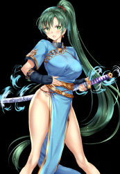 Rule 34 | &gt;:o, 1girl, :o, bad id, bad pixiv id, bare legs, black background, black gloves, blue dress, blush, breasts, dress, earrings, elbow gloves, embarrassed, fingerless gloves, fire emblem, fire emblem: the blazing blade, gloves, green eyes, green hair, high ponytail, highres, holding, holding sword, holding weapon, jewelry, large breasts, legs apart, light particles, long hair, looking at viewer, lyn (fire emblem), nintendo, no panties, open mouth, panties, pelvic curtain, ponytail, ponytail korosuke, sheath, sheathed, short sleeves, side-tie panties, simple background, solo, standing, sword, thighs, underwear, v-shaped eyebrows, very long hair, weapon, weapon on back