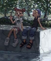 Rule 34 | 2girls, arm support, black footwear, black shirt, blue hair, blue pants, closed eyes, commentary request, day, double bun, full body, hair bun, hand up, harukaze doremi, highres, looking at another, majorika, multiple girls, ojamajo doremi, open mouth, outdoors, pants, pants rolled up, pink shorts, red hair, sandals, senoo aiko, shirt, shoes, short hair, short sleeves, shorts, sitting, sleeveless, sleeveless shirt, smile, sneakers, t-shirt, tree, tree shade, wabuchi, water, white footwear, white shirt